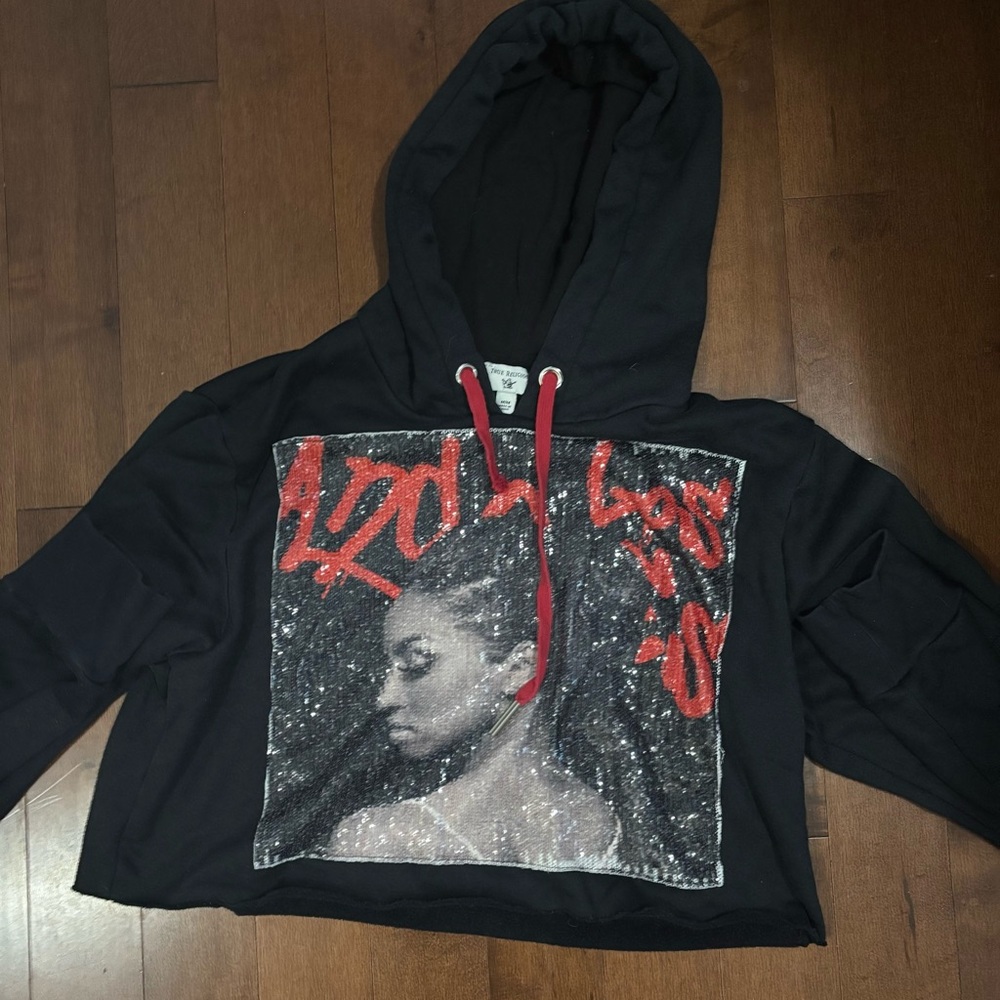 True Religion Black cropped graphic sequence Hoodie w drawstring